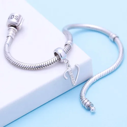 Miniatura 91 de ABUN Abalorio de plata de ley 925 con letra A a la Z, espaciador de inicial, con circonita cúbica transparete colgante, auténtica, para pulseras