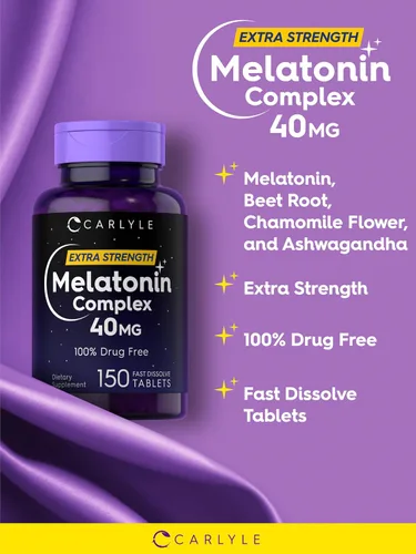 Miniatura 5 de Carlyle Complejo de melatonina de 40 mg 150 tabletas de disolución rápida Soporte extra fuerte con ashwagandha y manzanilla Vegetariano, sin