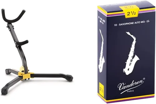 Hercules DS530BB Soporte para saxofón Alto/Tenor con bolsa y Vandoren SR2125 Saxo Alto Cañas Tradicionales Fuerza 2.5; Caja de 10