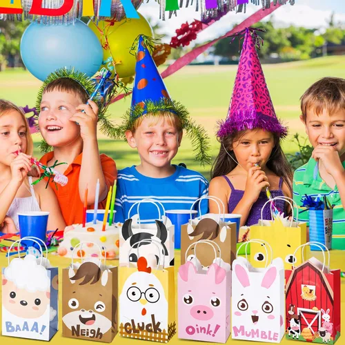 Miniatura 5 de Tallew Paquete de 16 bolsas de recuerdo de fiesta de animales de granja con asas, bolsas de regalo de granjero de granja, papel de estraza