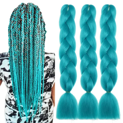 3 paquetes de extensiones de cabello sintético para trenzas de 24 pulgadas, color verde azulado, cabello trenzado jumbo para festivales coloridos