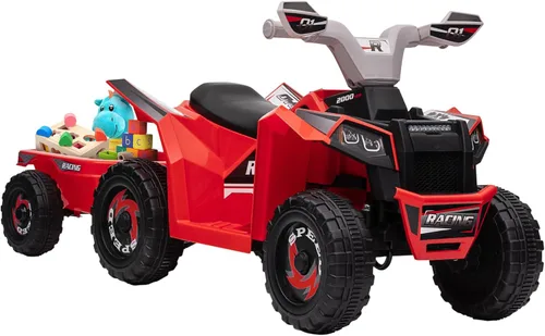 Aosom Coche cuatrimoto para niños con remolque trasero, automóvil eléctrico de 6 V con función de avance hacia atrás, ruedas resistentes al Rojo