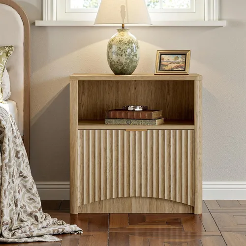Miniatura 5 de Evermagin Mesita de noche acanalada, mesita de noche de roble natural con cajón y almacenamiento, mesa auxiliar de madera moderna de mediados