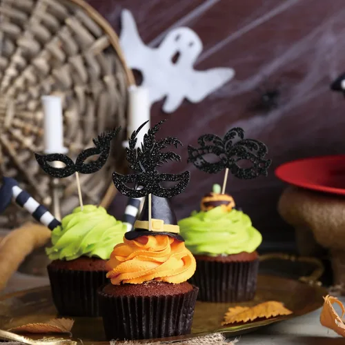 Miniatura 6 de Gyufise 24 máscaras de mascarada para cupcakes con purpurina para despedida de soltera, para cupcakes, comida y frutas, baile de máscaras, Mardi