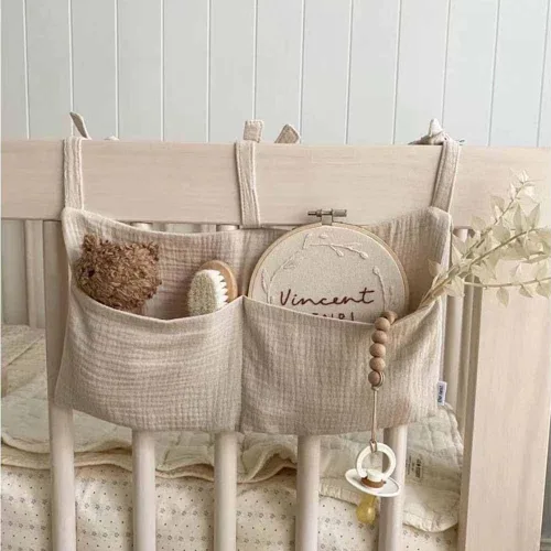Miniatura 3 de Bolsa de almacenamiento colgante de algodón para bebé, organizador de 2 bolsillos para cunas y juguetes (avena)