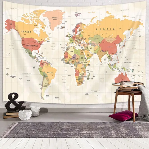 Miniatura 3 de JAWO Alfombra de Mapa Mundial para Niños y Estudiantes, con Países y Principales Ciudades, Vintage Educativo Asia Europa Ciudad del Sur Topografía
