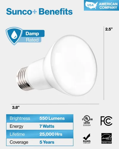 Miniatura 7 de Sunco - Paquete de 6 bombillas LED BR20, luz de inundación interior R20, regulable, CRI93 3000K blanco cálido, 50 W equivalente a 7 W, base E26