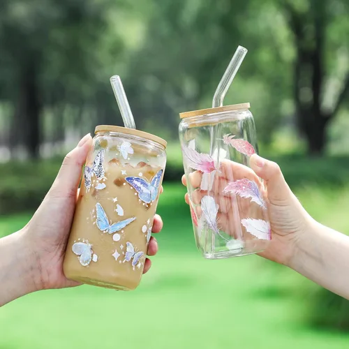 Miniatura 2 de Paquete de 2 vasos de vidrio con tapas y pajitas de bambú de 16 onzas, regalos para mujeres, juego de vasos para beber, café helado, taza de té