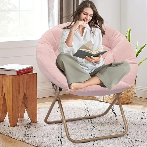 Miniatura 12 de Silla redonda y cómoda, con marco de metal, acogedora silla plegable de piel sintética para adultos, silla Papasan Moon plegable para dormitorio