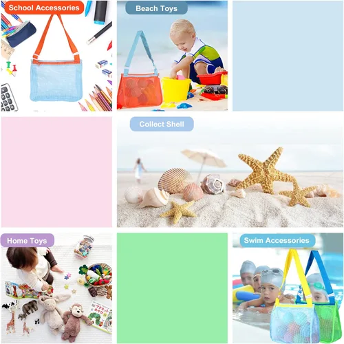 Miniatura 7 de UTTPLL Bolsa de playa de malla colorida ajustable para niños, bolsa de red de secado rápido para conchas marinas que recolecta arena juguete Verde