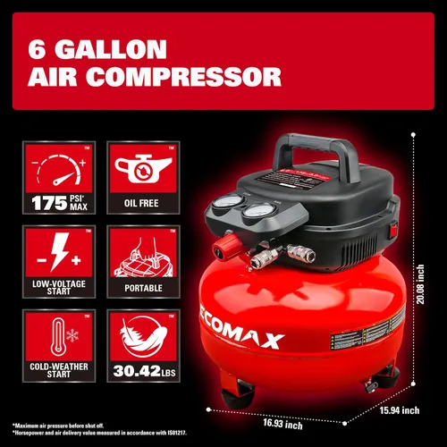 Miniatura 3 de Compresor de aire, compresor de aire panqueque de 6 galones con manguera de aire de 25 pies, presión máxima de 175 PSI/1.5 HP, compresor