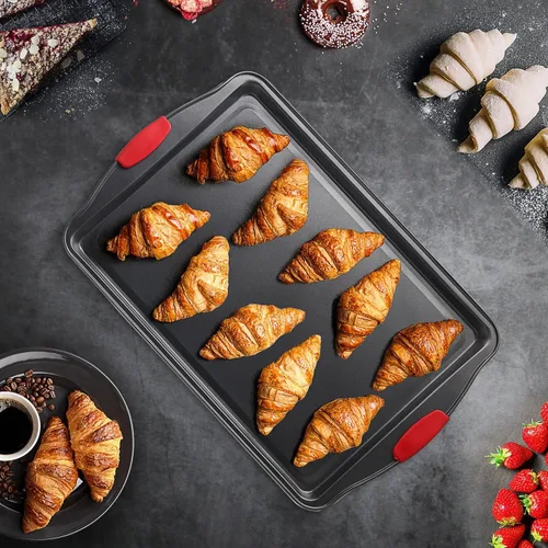 Miniatura 8 de Juego de bandejas para hornear, juego de bandejas para galletas de 2 piezas con asas de silicona, bandeja de acero para hornear, bandejas