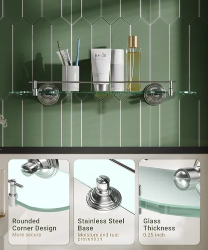 Miniatura 4 de Estante de vidrio de 20 pulgadas para baño, estantes de vidrio de baño de níquel cepillado montados en la pared, estantes de vidrio flotantes