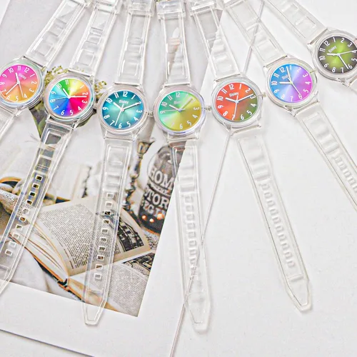 Miniatura 6 de Reloj transparente para mujer, colorido esfera de arco iris, reloj analógico, simple e impermeable para niñas