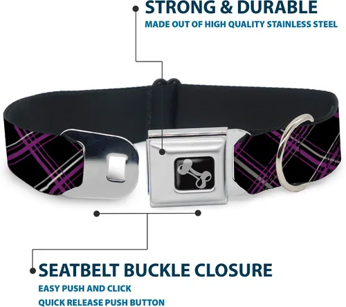 Miniatura 4 de Buckle-Down Collar de perro con hebilla para cinturón de seguridad, a cuadros, negro, morado, gris, 1 pulgada de ancho, se adapta a cuello de 9 a 15
