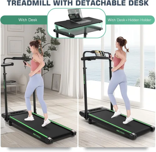 Miniatura 3 de ANCHEER Cinta de correr con inclinación del 12%/15% de 3.5HP, máquina plegable para debajo del escritorio con barra de mano, capacidad de 320-450lb