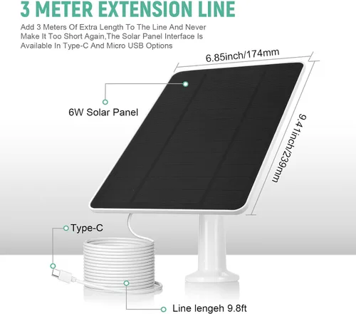 Miniatura 2 de Panel solar USB para cámara Ring, cargador de panel solar tipo C 5 V 6 W con cable de carga impermeable de 10 pies, micro USB y USB-C y puerto