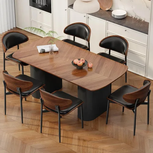 Miniatura 19 de REONEY - Juego de 4 sillas de comedor, modernas de mediados de siglo, tapizadas en piel sintética PU con respaldo de madera curvada de nogal y patas