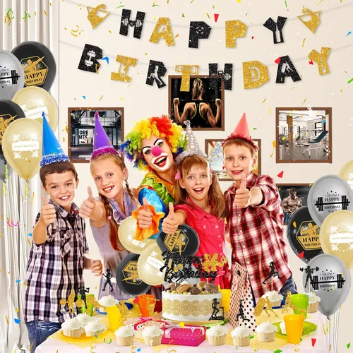 Miniatura 5 de KEFAN Decoraciones de fiesta de cumpleaños de gimnasio, suministros de fiesta temática de fitness negro y dorado con globos de látex, decoración
