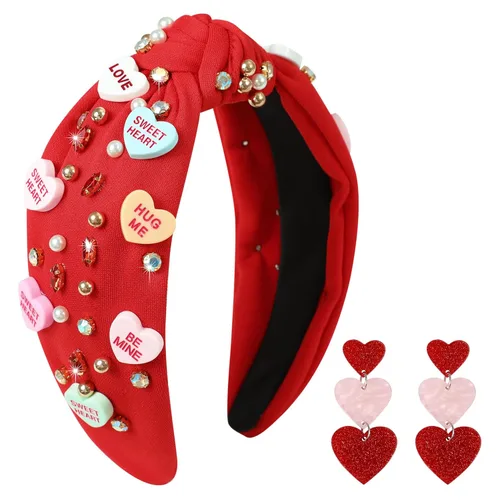 Miniatura 14 de Diademas de corazón de caramelo para el día de San Valentín para mujer, diadema de corazón de conversación de amor con diamantes de imitación