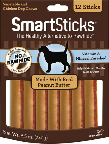 SmartBones SmartSticks con mantequilla de maní real, 12 unidades, masticables sin piel cruda para perros