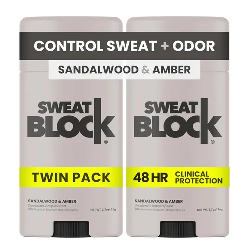 Miniatura 12 de SweatBlock Desodorante de fuerza clínica, antitranspirante para hombres y mujeres, aroma de sándalo y ámbar, protección de 48 horas contra el sudor