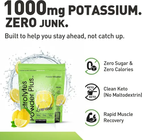 Miniatura 7 de PowderVitamin - Polvo de electrolitos Keto Plus, limonada (100 porciones) 0 azúcar, sin maltodextrina, 1000 mg de potasio, 120 mg de calcio, 120 mg