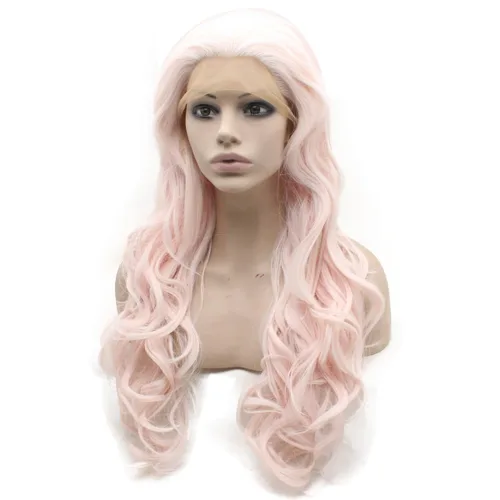 Miniatura 11 de Mxangel - Peluca de cabello sintético largo ondulado azul cielo amarillo colorido encaje frontal fibra resistente al calor Cosplay