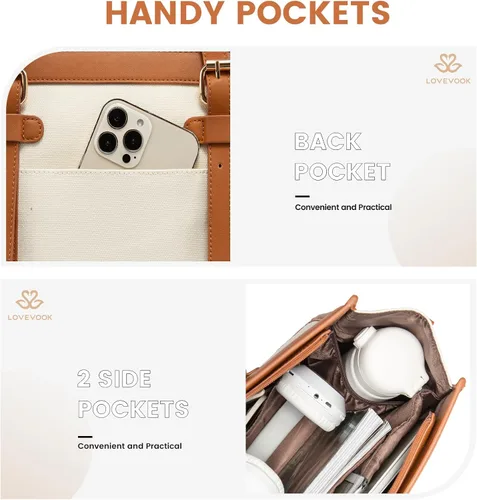 Miniatura 6 de LOVEVOOK Bolsa para Laptop para Mujeres de 15.6 pulgadas Bolsa Tote de Lona para Laptop, Bolsa de Trabajo de Gran Capacidad con Cartera de Mano