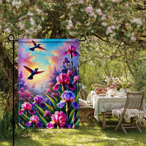 Miniatura 2 de BlissYard Bandera de jardín de primavera de 12 x 18 pulgadas, doble cara de colibrí, iris, pintura floral, patio, al aire libre, colorido