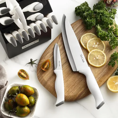 Miniatura 4 de McCook Juegos de cuchillos, juegos de bloques de cuchillos de cocina de acero inoxidable alemán con afilador incorporado Blanco/Negro