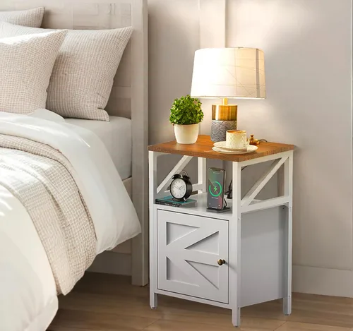 Miniatura 2 de Mesa auxiliar de granja con estación de carga, puertos USB de 3 niveles y mesa auxiliar, mesa auxiliar compacta para espacios pequeños, mesa blanco-K