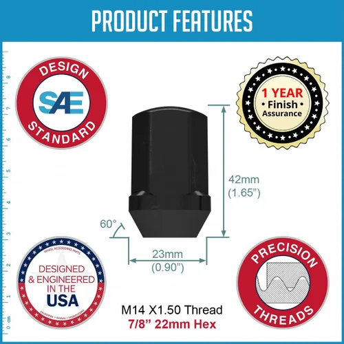 Miniatura 4 de Wheel Accessories Parts 24 tuercas de llanta estilo OEM M14x1.5 14x1.5 de 1.65 pulgadas de largo, color negro, 7/8 pulgadas, 0.866 in, hexagonales