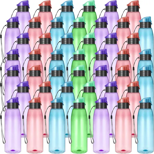 Uiifan 50 botellas de agua de plástico a granel de 17 onzas con correa de asa, tapa abatible, reutilizable, a prueba de fugas, para adultos, viajes,