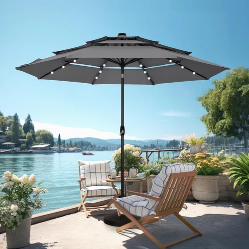 Miniatura 10 de PHI VILLA - Sombrillas de patio de 9 pies con 24 luces LED solares, sombrilla iluminada para mesa de mercado al aire libre con 8 varillas de acero