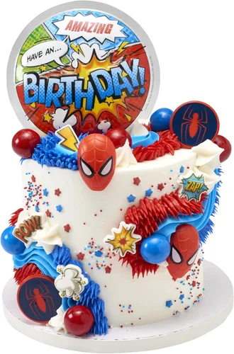 Miniatura 8 de DecoPac Marvel's Spider-Man™ - Anillos de araña y máscara, decoraciones de cupcakes de Spider-Man™, adornos para pasteles rojos y azules seguros