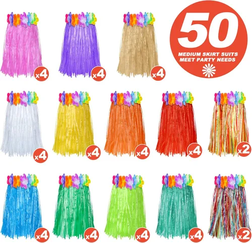 Miniatura 2 de Vicenpal 50 faldas hawaianas de hula de plástico para niños, coloridas danzas, Luau, recuerdo de fiesta, fiesta hawaiana tropical, suministros