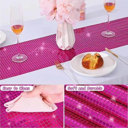 Miniatura 3 de Durony Paquete de 2 caminos de mesa disco de 11 x 108 pulgadas, espejo rosa intenso con laminado de purpurina y lentejuelas brillantes