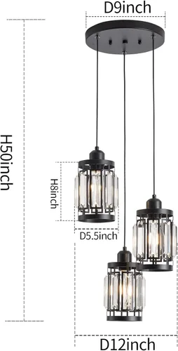 Miniatura 2 de Lámpara colgante de 3 luces de granja ajustable para colgar en el techo con cristales K9 para cocina, restaurante, cafetería, comedor, isla