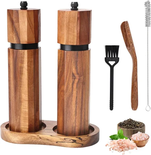 Miniatura 9 de Juego de molinillo de sal y pimienta de madera con bandeja y cuchara de madera, molinillo manual de sal y pimienta de 8 pulgadas, grosor ajustable