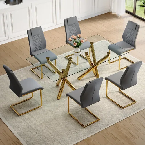 Miniatura 9 de Juego de mesa de comedor de cristal para 6,71 pulgadas, mesa de comedor para 6, mesa de cocina rectangular grande de vidrio templado y 6 sillas