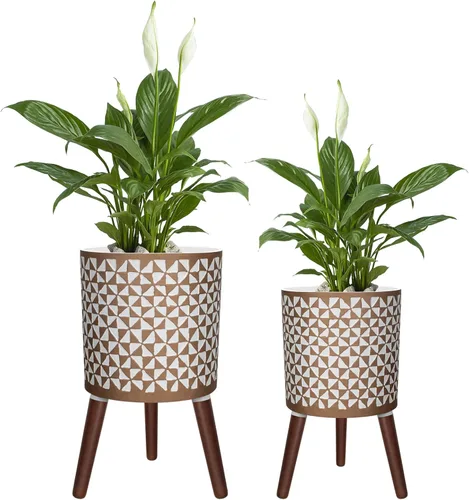 Miniatura 15 de Juego de 2 macetas con soportes, macetas de mediados de siglo para plantas de interior, macetas decorativas modernas para flores para balcón, Blanco