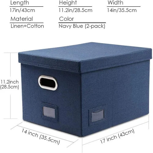 Miniatura 7 de PRANDOM Caja organizadora de archivos, juego de 2 carpetas plegables decorativas de lino para almacenamiento de archivos colgantes con tapas, Azul