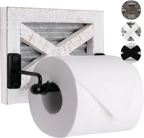 Autumn Alley Soporte de papel higiénico blanco para pared, accesorios decorativos de baño de granja, madera lavada blanca, metal galvanizado y metal