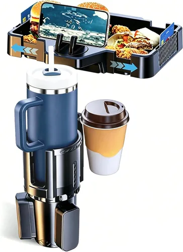 Bandeja Portavasos para Auto, Expansor de Portavasos 4 en 1 con Mesa Bandeja de Comida Expandible, para Artículos Esenciales de Viaje por Carretera