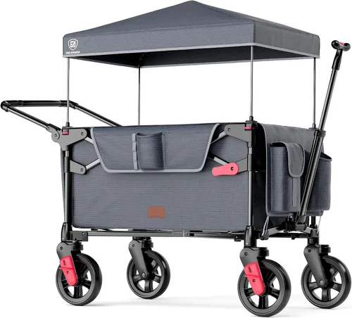 Miniatura 10 de EVER ADVANCED Vagón ultracompacto para 2 niños, vagón cochecito plegable de viaje de empujar y tirar con toldo desmontable, asas y arneses Negro