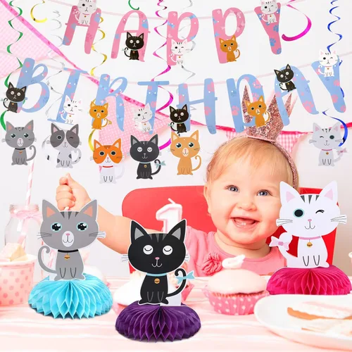 Miniatura 7 de Chinco Kit de 16 Piezas de Suministros de Fiesta de Cumpleaños con Tema de Gato, Incluye Bandera de Fiesta de Gato con 6 Recortes Colgantes, 6