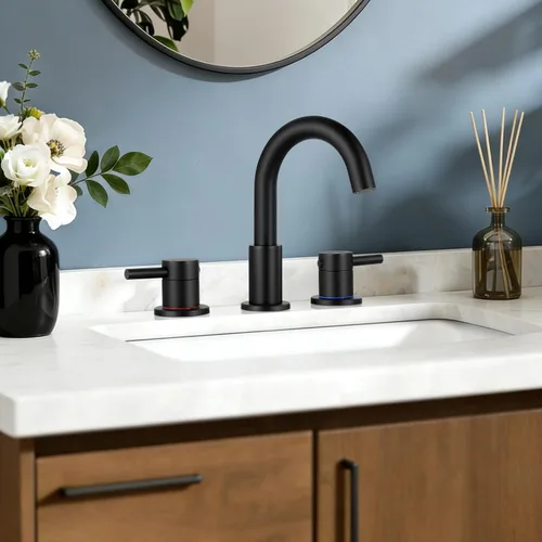 Miniatura 2 de FGKQ Grifo de baño negro para lavabo de 3 orificios, grifo de lavabo de baño con desagüe emergente, grifo de tocador extendido de 8 pulgadas de 3