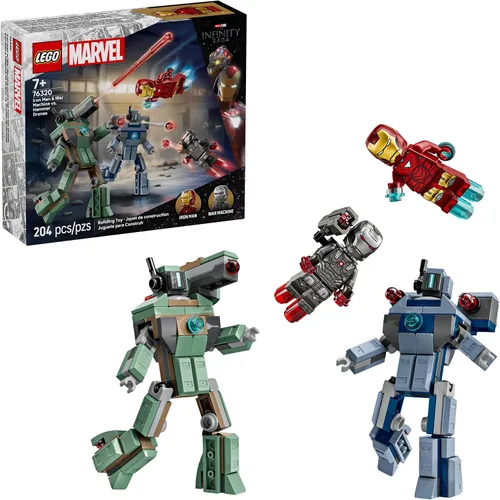 LEGO Marvel Iron Man & War Machine vs. Hammer Drones Juguete de construcción – Juego de simulación con 2 minifiguras de juguete – Bloques de