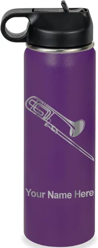 Miniatura 40 de LaserGram Botella de agua personalizada, trombón, acero inoxidable de doble pared aislada al vacío con popote superior, regalo grabado personalizado